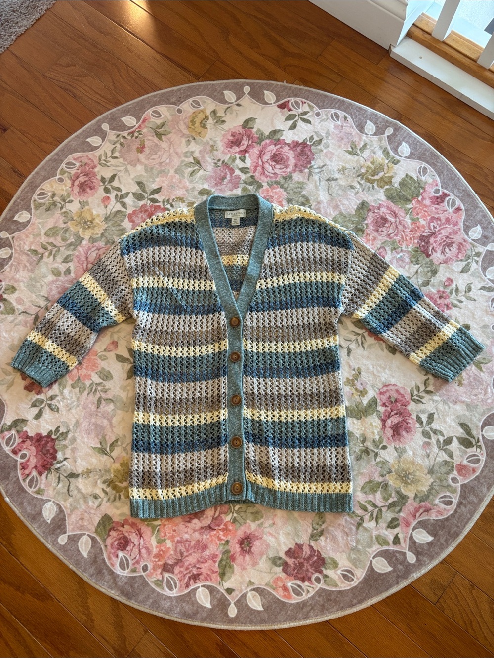 Appleseed's Open-Knit Striped Cardigan - Blue, Gray & Cream
